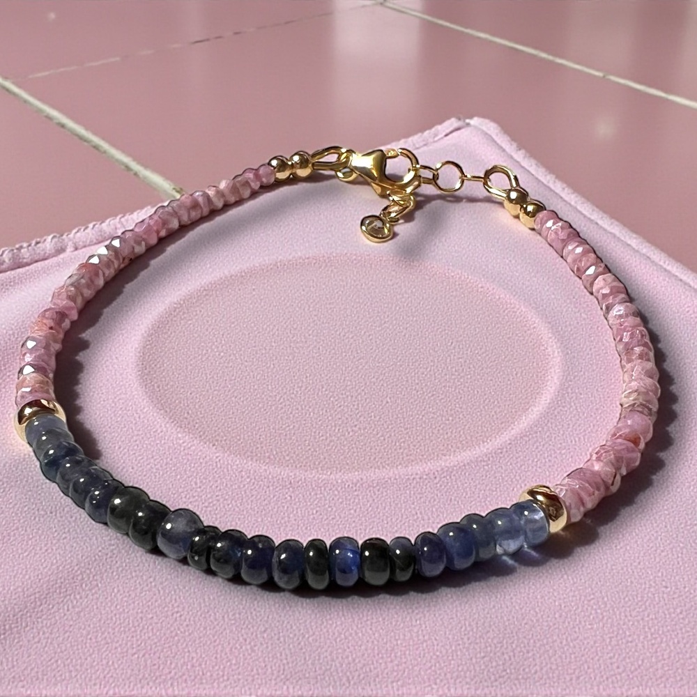 New Natural Ombre Blue Sapphire Pink Ruby Bracelet 14k Gold Filled , 6.9" - 7.5"
